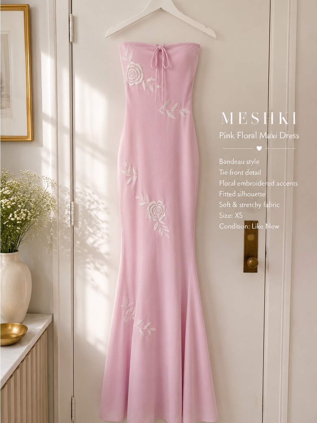 Meshki Lorelei Rose Knit Light Fairy Floss Pink Strapless Floral Maxi Dress